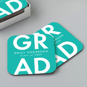Turquoise Bold Grad Graduation Party Square Paper Coaster