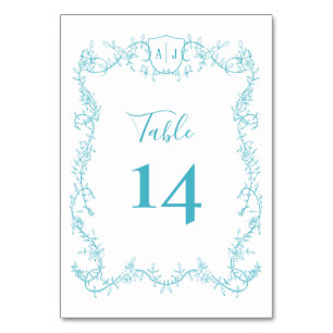 Turquoise Botanical Wedding Rambling Rose Vine Table Number