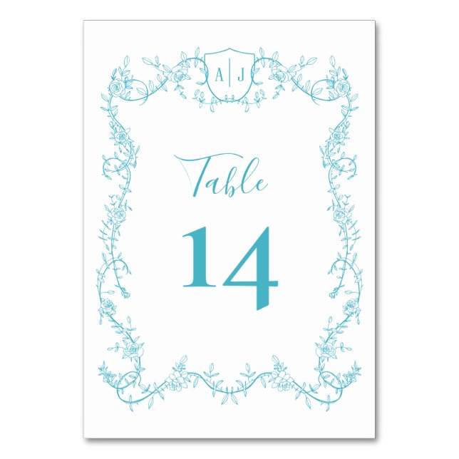 Turquoise Botanical Wedding Rambling Rose Vine Table Number (Front)