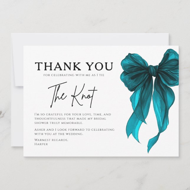 Turquoise Bow Bridal Shower Thank You Card (Front)