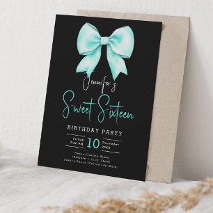 Turquoise Bow Coquette Script Sweet 16 Black Invitation