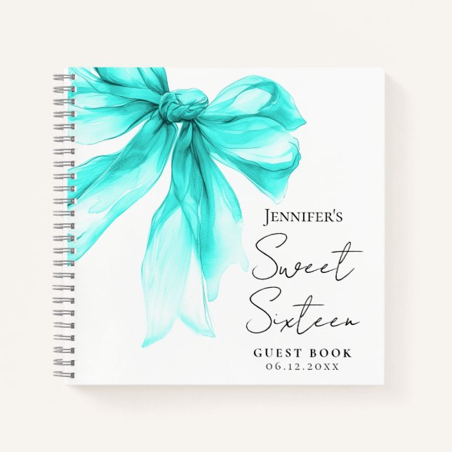 Turquoise Bow Coquette Script Sweet 16 Guest Book  (Front)