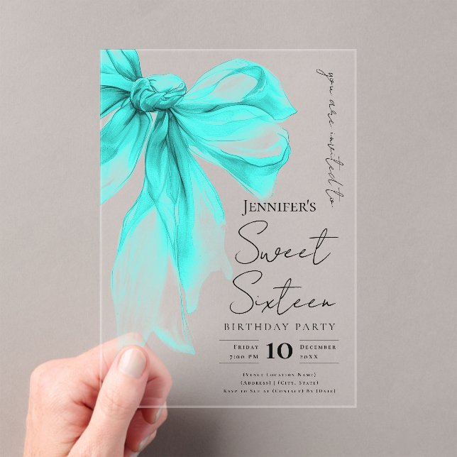 Turquoise Bow Coquette Script Sweet 16 Party Acrylic Invitations (Insitu (Handheld))