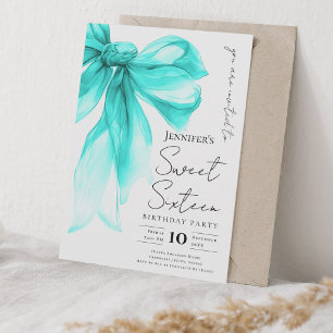 Turquoise Bow Coquette Script Sweet 16 Party Invitation