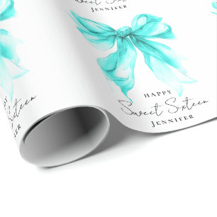 Turquoise Bow Coquette Script Sweet 16 Party Wrapping Paper