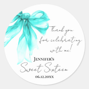 Turquoise Bow Coquette Script Sweet 16 Thank You  Classic Round Sticker