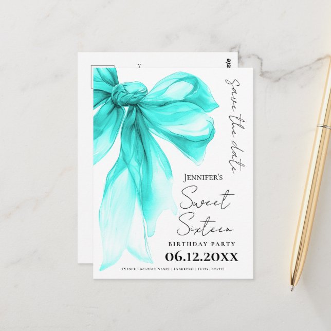 Turquoise Bow Coquette Sweet 16 Save the Date  Postcard (Front/Back In Situ)