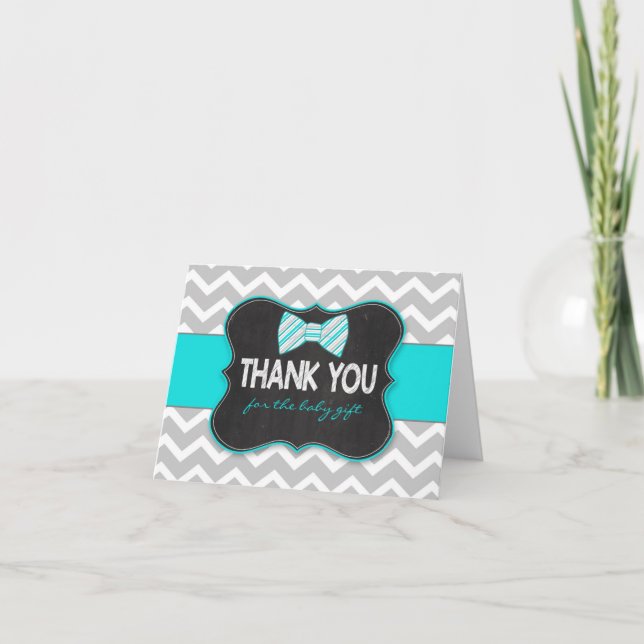 Turquoise Bow tie baby shower thank you note (Front)
