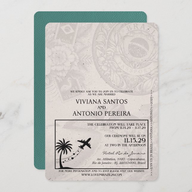 Turquoise Brazil Passport Wedding Invitation (Front/Back)