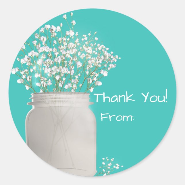 Turquoise Bridal Shower Mason Jar & Babys Breath Classic Round Sticker (Front)