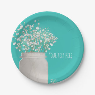 Turquoise Bridal Shower Mason Jar & Babys Breath Paper Plate