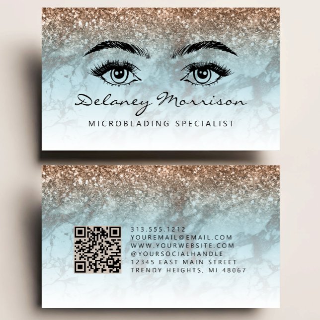 Turquoise Bronze Marble Eyes QR Code Microblading Business Card (Creator Uploaded)
