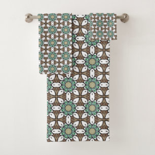Turquoise, brown and white geometric mandala  bath towel set