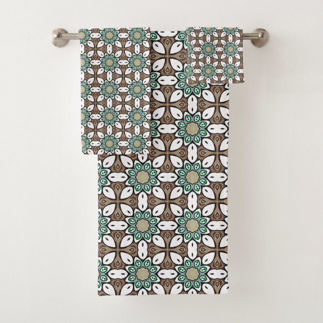 Turquoise, brown and white geometric mandala  bath towel set (Insitu)