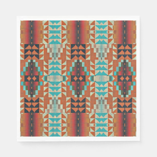 Turquoise Brown Burnt Orange Mosaic Pattern Napkin (Front)