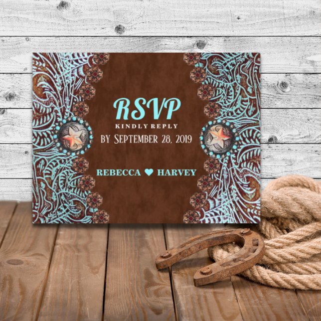 turquoise brown country western wedding RSVP Invitation Postcard (turquoise brown country western wedding RSVP Invitation Postcard)