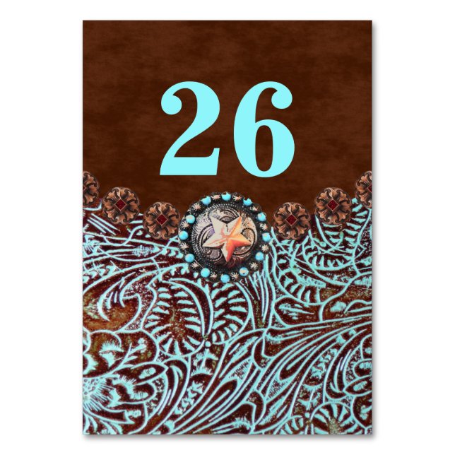 turquoise brown country western wedding table table number (Front)