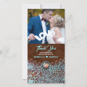 turquoise brown country western wedding thank you card
