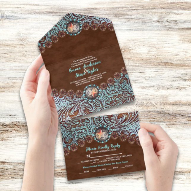 Turquoise Brown cowboy country western wedding  All In One Invitation (Turquoise Brown cowboy country western wedding All In One Invitation)