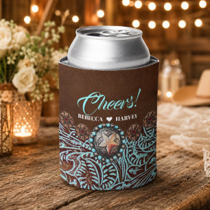 turquoise brown cowboy country western wedding can cooler