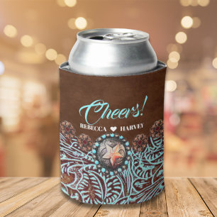 turquoise brown cowboy country western wedding can cooler