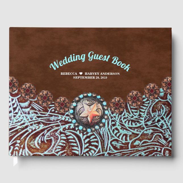 turquoise brown cowboy country western wedding guest book (Front)