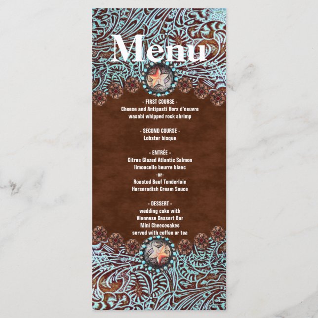 turquoise brown cowboy western wedding menu (Front)