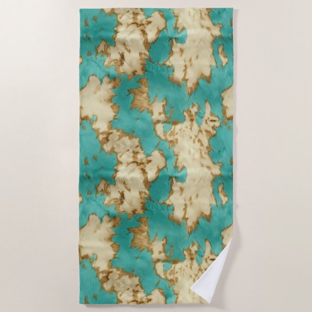 Turquoise Brown Cream Animal Cowhide Western  Beach Towel (Front)