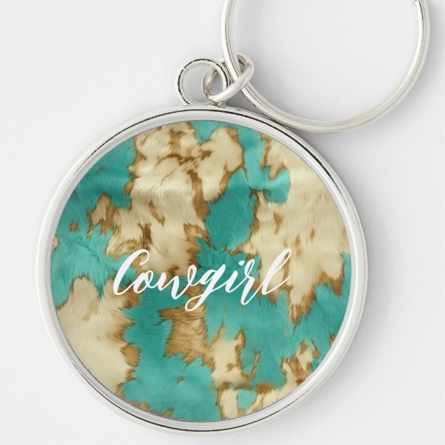 Turquoise Brown Cream Animal Cowhide Western  Key Ring (Front)