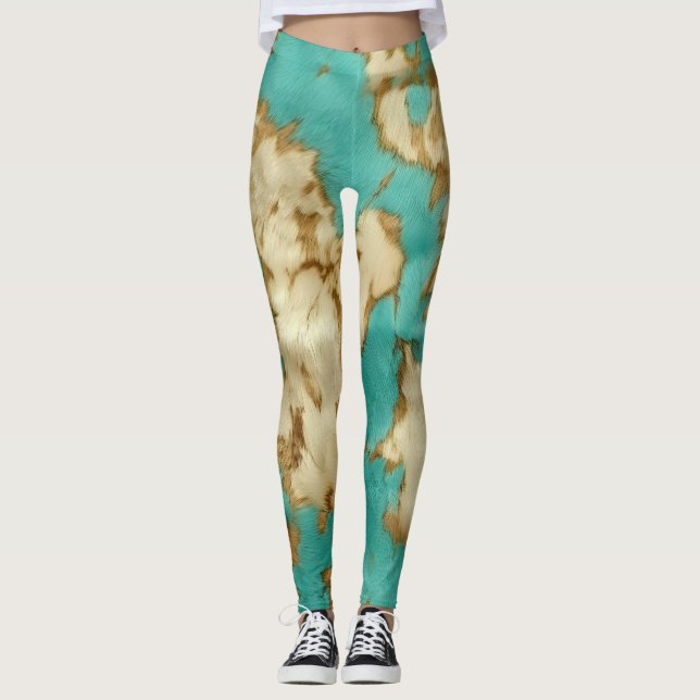 Turquoise Brown Cream Animal Cowhide Western  Leggings (Front)