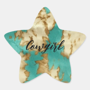 Turquoise Brown Cream Animal Cowhide Western Star Sticker