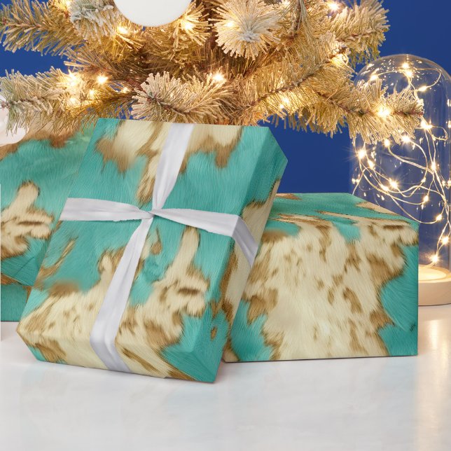 Turquoise Brown Cream Animal Cowhide Western  Wrapping Paper (Holidays)