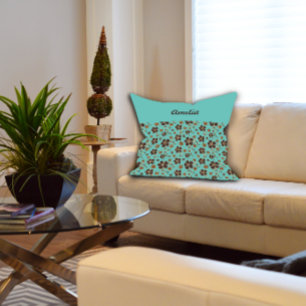 Turquoise Brown Floral Pattern Cottagecore name Cushion