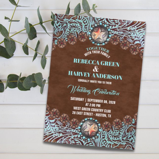 turquoise brown leather country western wedding invitation (turquoise brown leather country western wedding invitation)