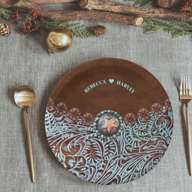 turquoise brown leather cowboy country western paper plate (turquoise brown leather cowboy country western paper plates)