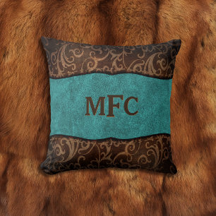 Turquoise Brown Old World Vegan Leather Monogram Cushion