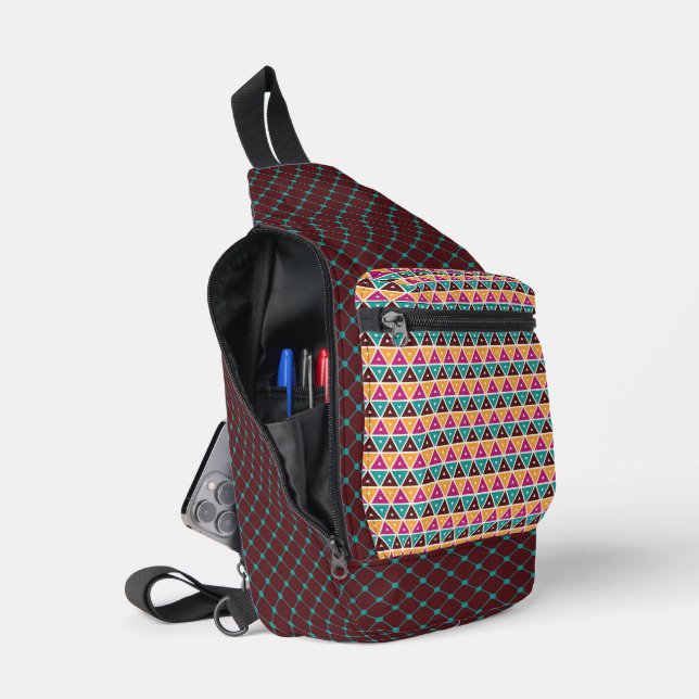 TURQUOISE BROWN ORANGE PINK GEOMETRIC PATTERN SLING BAG (Open)