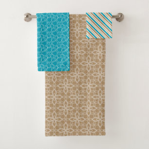TURQUOISE BROWN & TAN STRIPES PATTERNS BATH TOWEL SET