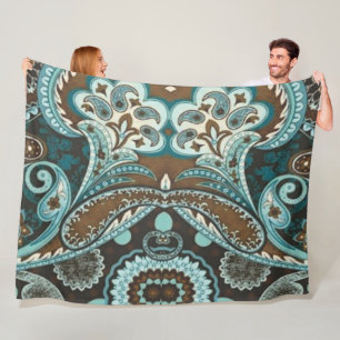 Turquoise Brown Vintage Paisley 3 Fleece Blanket