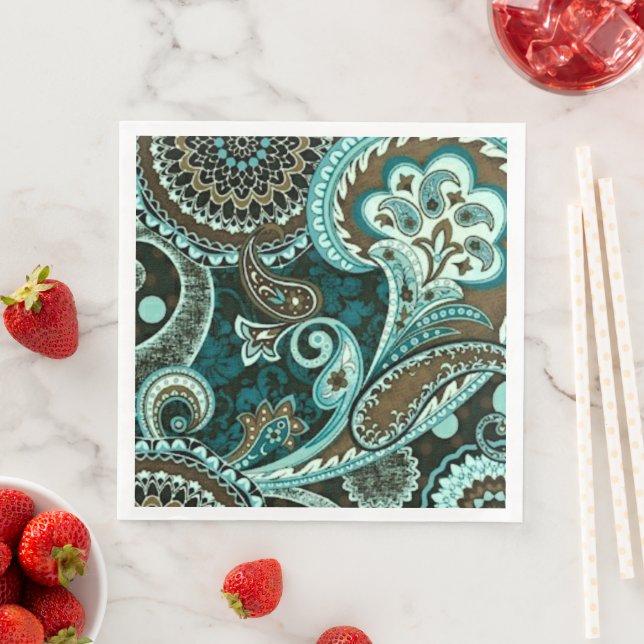 Turquoise Brown Vintage Paisley Napkin (Insitu)