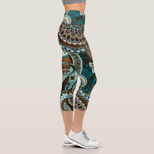 Turquoise Brown Vintage Paisley New Capri Leggings