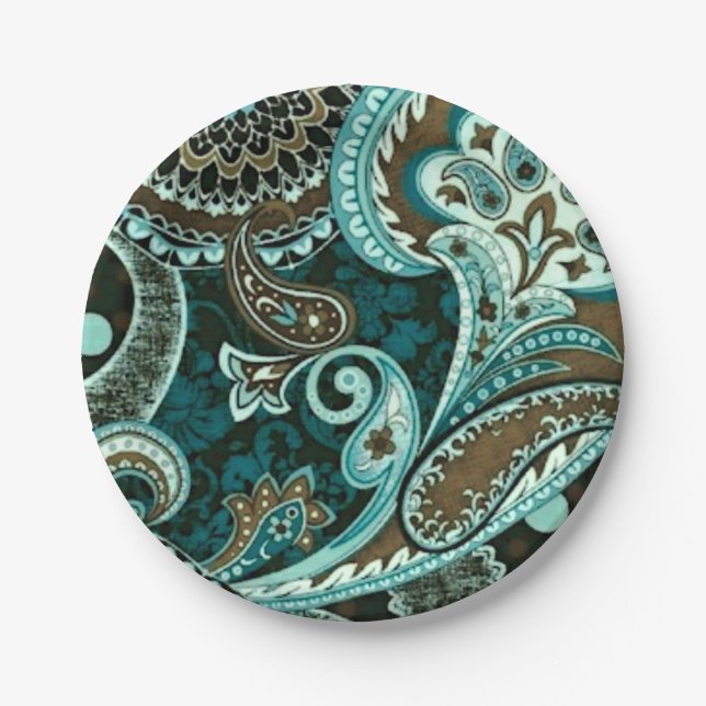Turquoise Brown Vintage Paisley Paper Plate (Front)