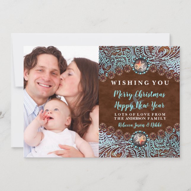turquoise brown western country Christmas photo Holiday Card (Front)