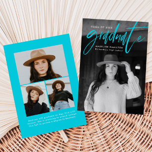 Turquoise Brush Script 4 Photo Graduation Announcement