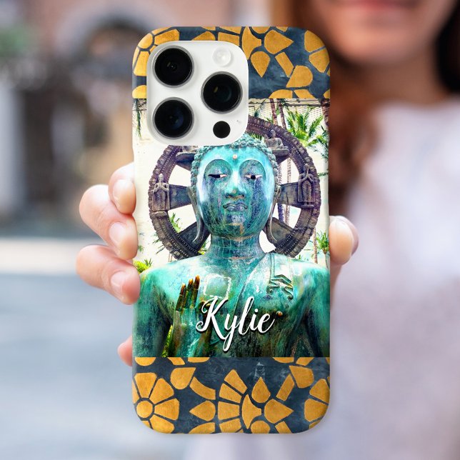 Turquoise Buddha Photo Bold Blue Gold Mosaic Name Case-Mate iPhone Case (Creator Uploaded)