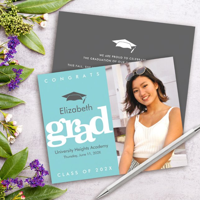 Turquoise Budget Photo Graduation Cap Bold Invite (Creator Uploaded)
