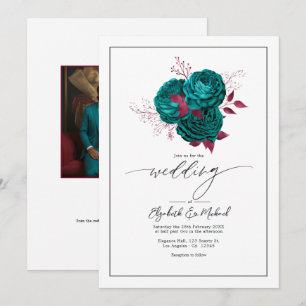 Turquoise & Burgundy Floral Wedding Photo QR Code Invitation
