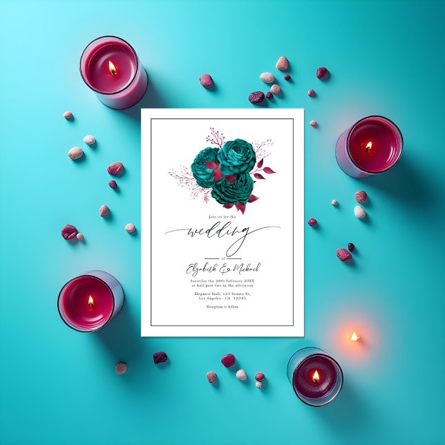 Turquoise & Burgundy Floral Wedding Photo QR Code Invitation (Turquoise & Burgundy Floral Wedding Photo QR Code Invitation)