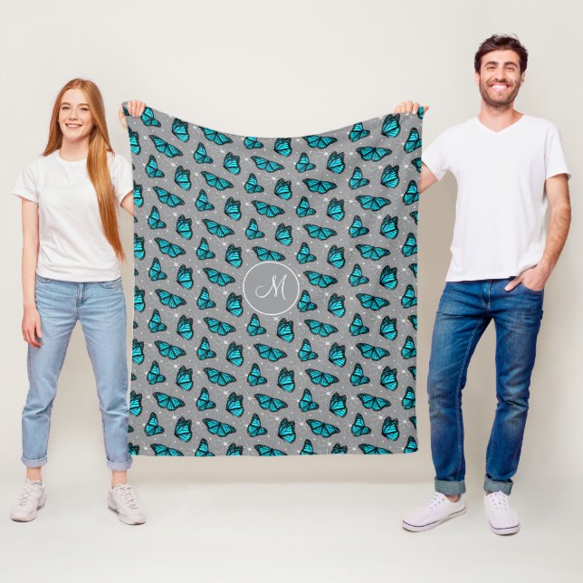 turquoise butterflies doodle flowers monogrammed fleece blanket (In Situ)