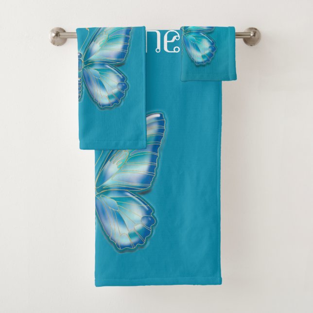 Turquoise butterfly bath towel set (Insitu)